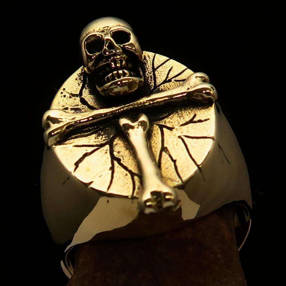 Excellent crafted Men's Skull Ring Bone Cross R.I.P - Solid Brass - BikeRing4u