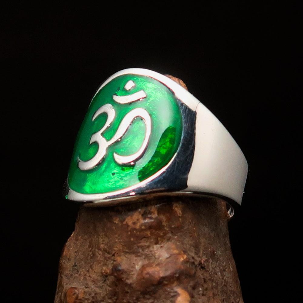 Excellent crafted Men's green Aum Buddhist Ring - Sterling Silver - BikeRing4u