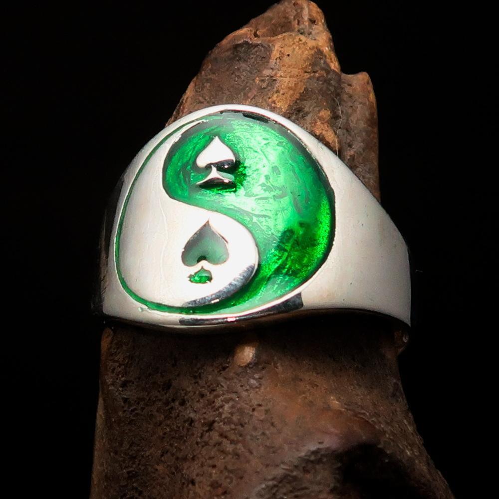 Excellent crafted Men's green Spades Yin Yang Poker Ring - Sterling Silver - BikeRing4u