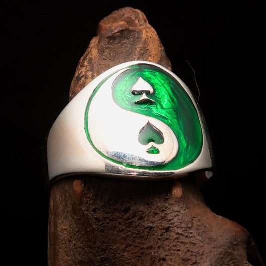 Excellent crafted Men's green Spades Yin Yang Poker Ring - Sterling Silver - BikeRing4u