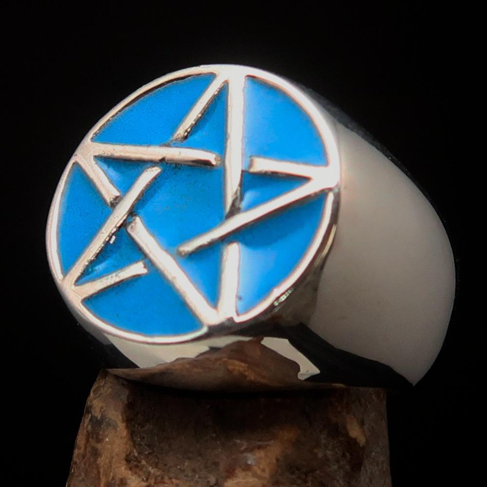 Excellent crafted Men's Pinky Ring Blue Pentagram - Sterling Silver - BikeRing4u