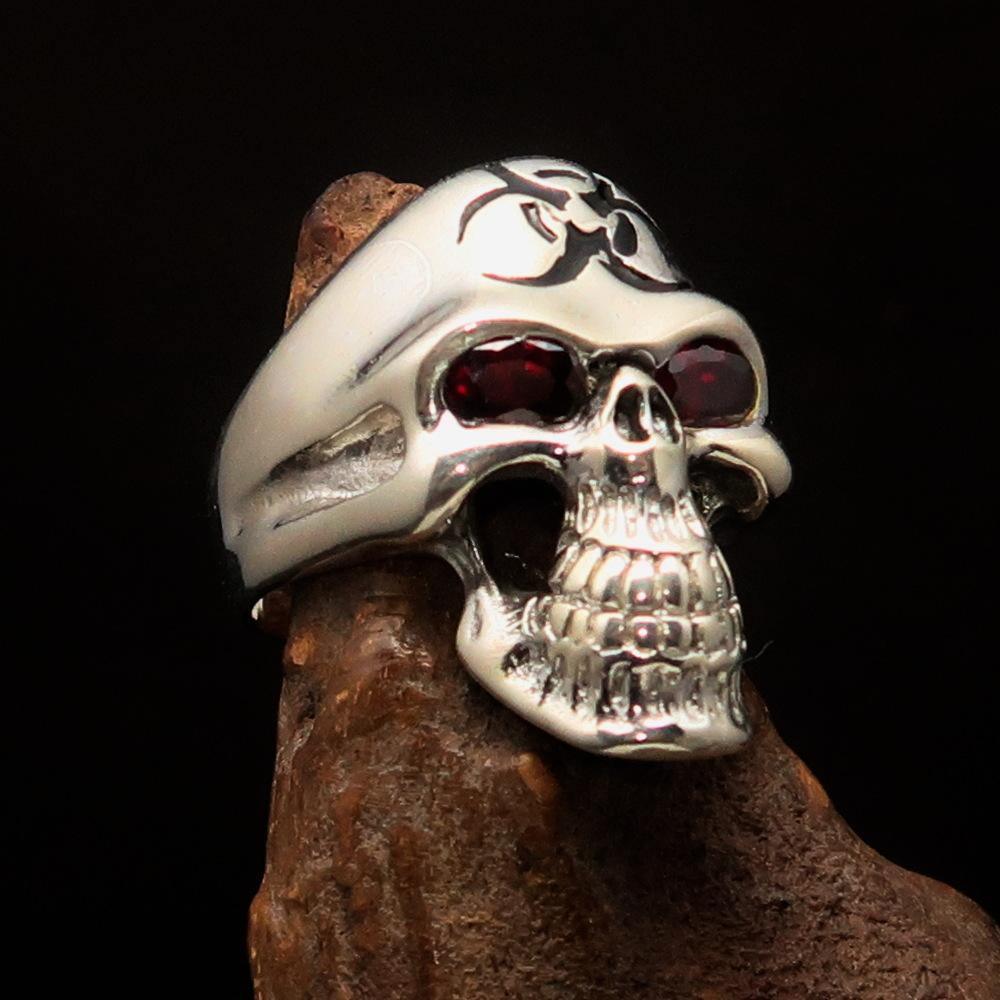 Excellent crafted Men's Gamer Ring black Biohazard Skull red CZ Eyes - Sterling Silver - BikeRing4u