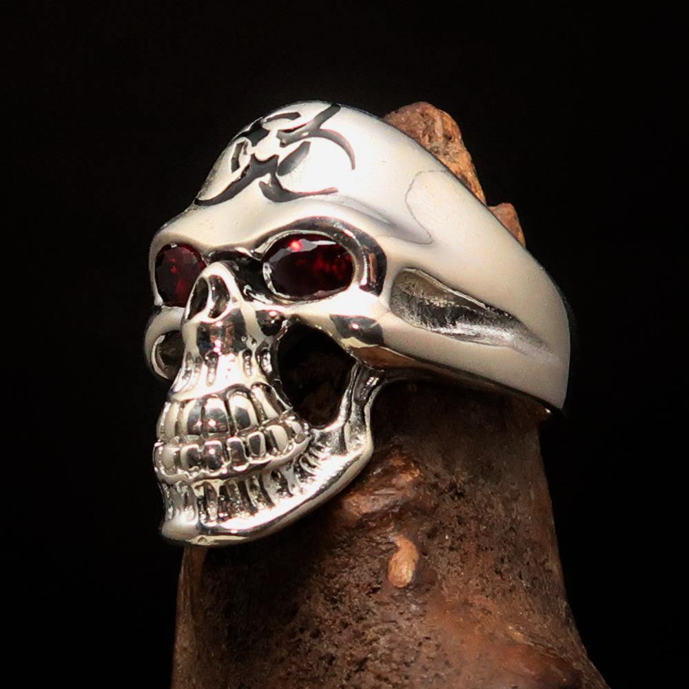 Excellent crafted Men's Gamer Ring black Biohazard Skull red CZ Eyes - Sterling Silver - BikeRing4u