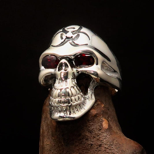 Excellent crafted Men's Gamer Ring black Biohazard Skull red CZ Eyes - Sterling Silver - BikeRing4u