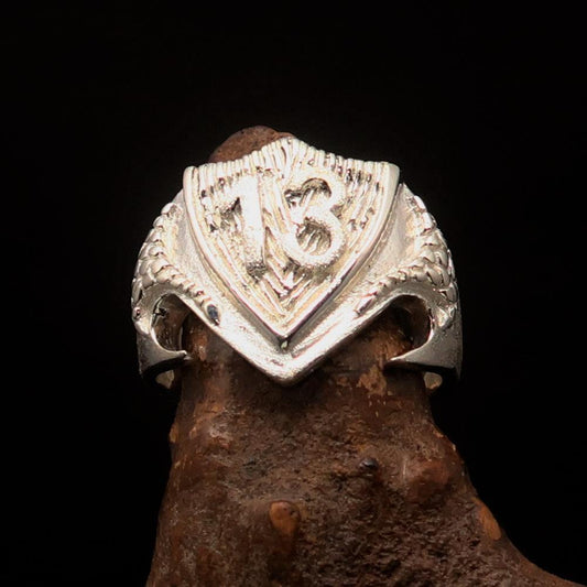 Excellent Crafted Men's Two-Tone Matte Lucky Number 13 Shield Ring - Sterling Silver - BikeRing4u
