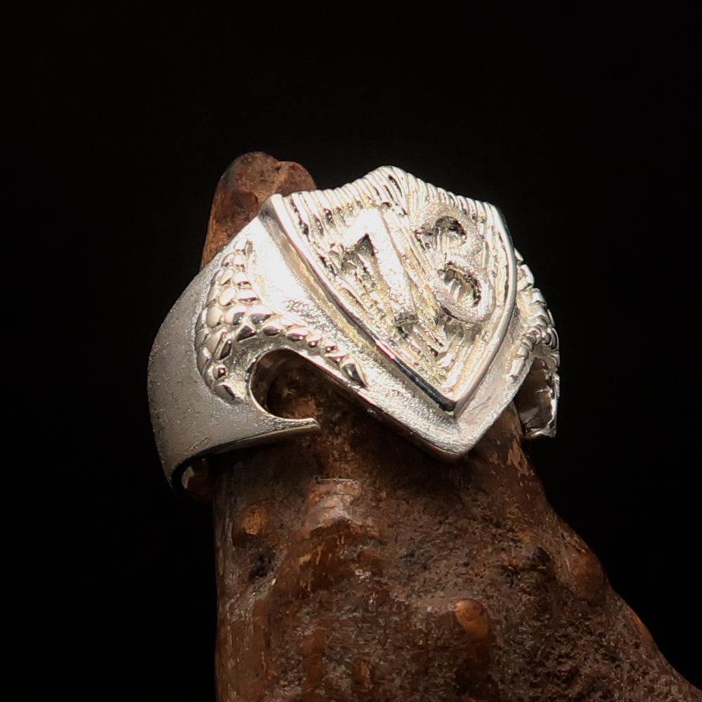 Excellent Crafted Men's Two-Tone Matte Lucky Number 13 Shield Ring - Sterling Silver - BikeRing4u