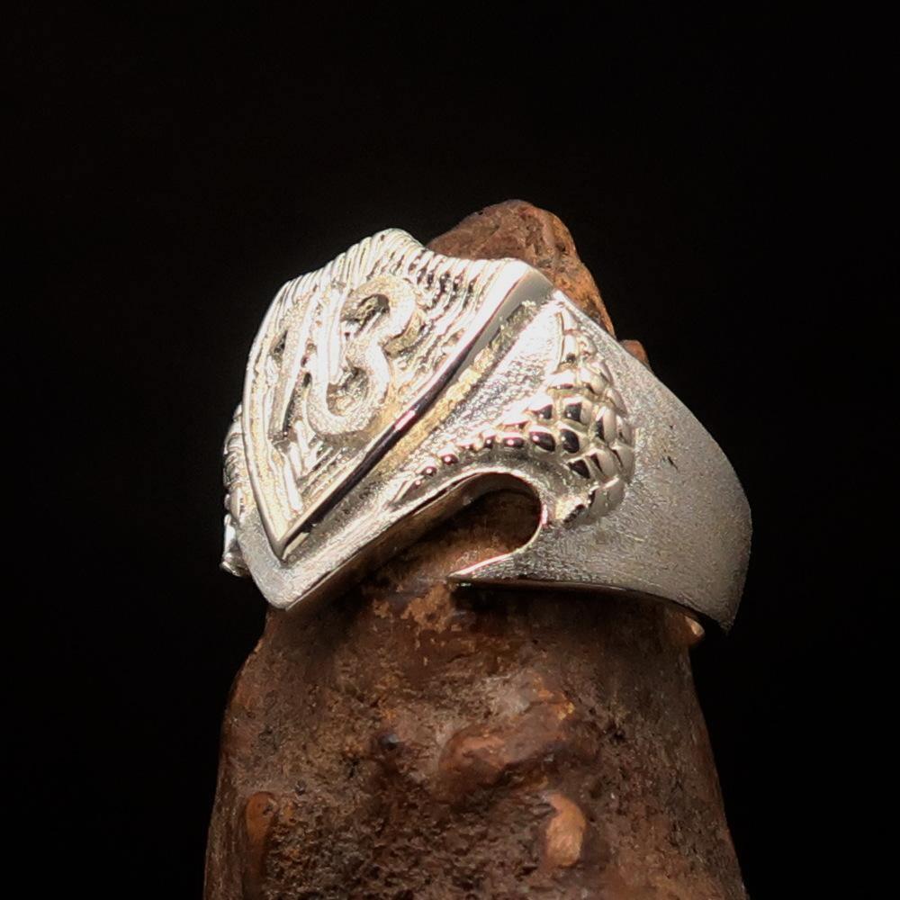 Excellent Crafted Men's Two-Tone Matte Lucky Number 13 Shield Ring - Sterling Silver - BikeRing4u