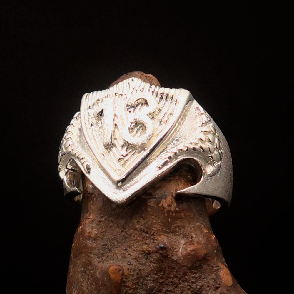 Excellent Crafted Men's Two-Tone Matte Lucky Number 13 Shield Ring - Sterling Silver - BikeRing4u