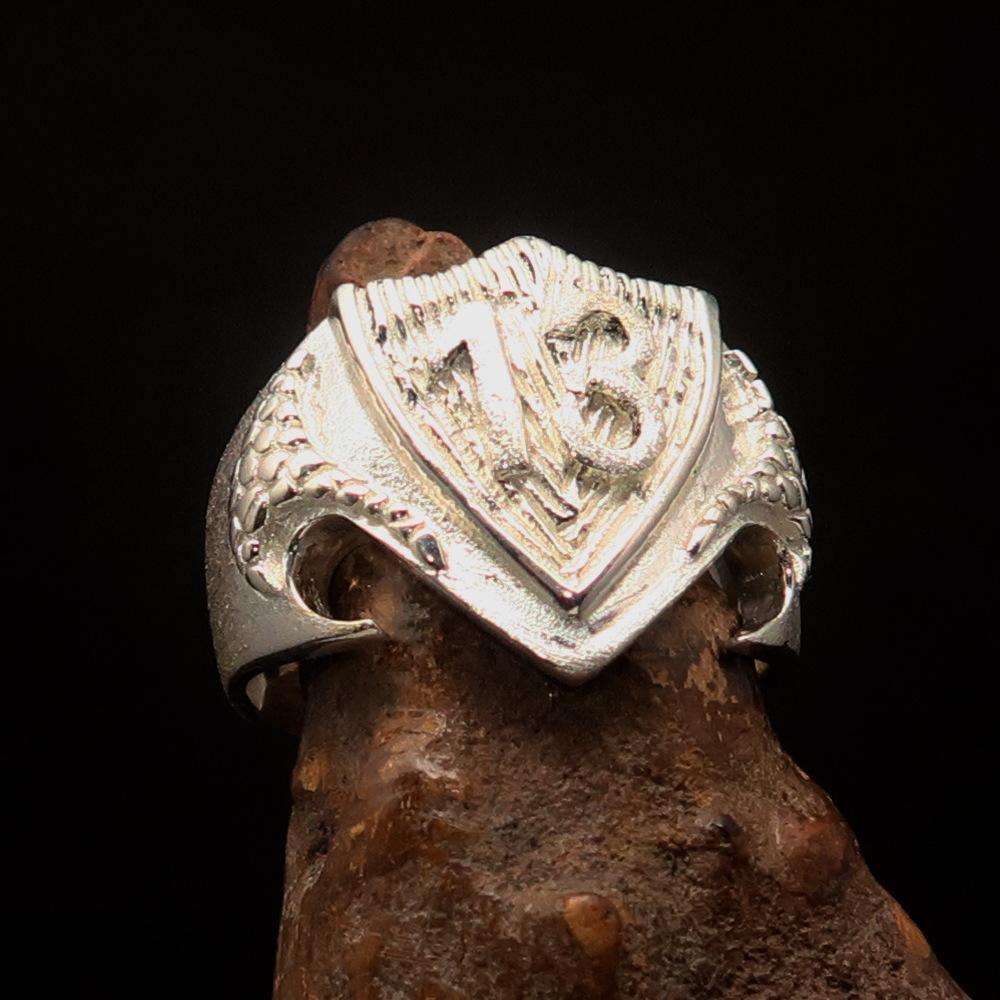 Excellent Crafted Men's Two-Tone Matte Lucky Number 13 Shield Ring - Sterling Silver - BikeRing4u