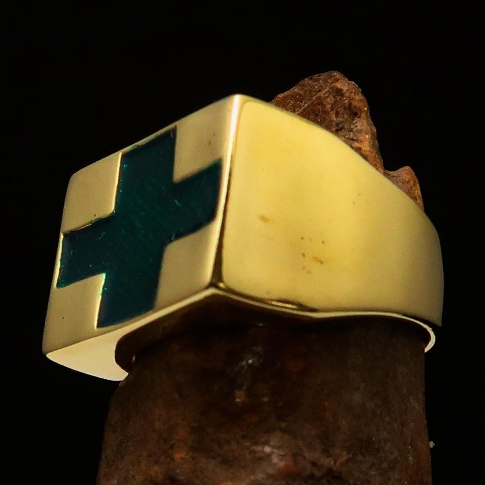 Perfectly crafted Men's Green Cross Ring - Solid Brass - BikeRing4u
