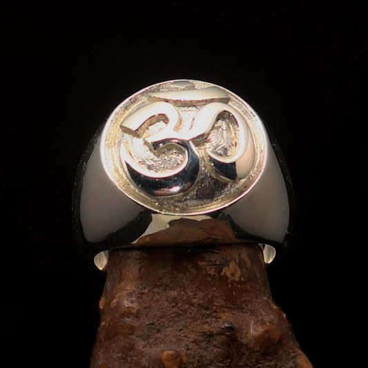 Nicely crafted domed Men's Buddhist Ring Aum Symbol - Two-Tone Matte Sterling Silver - BikeRing4u