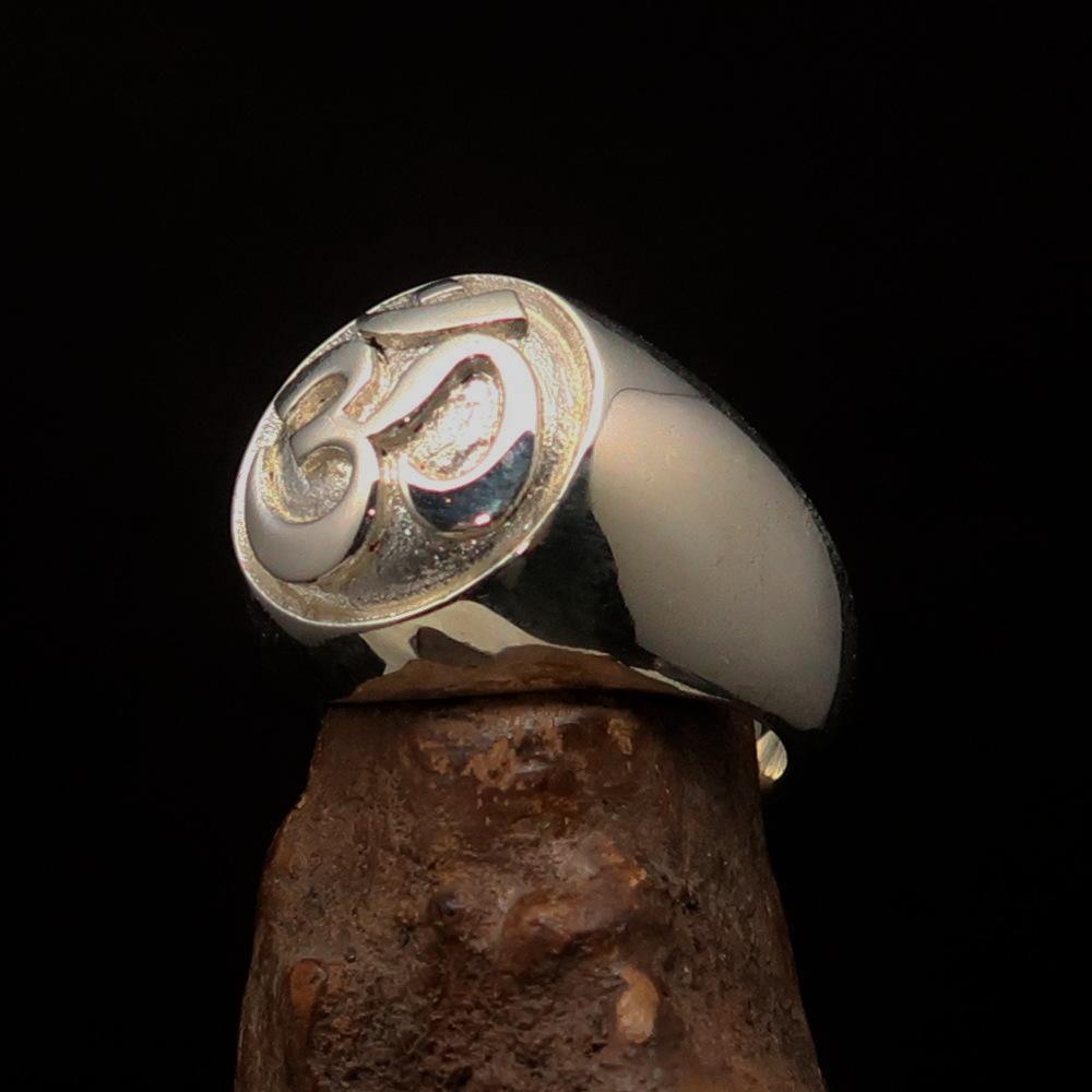 Nicely crafted domed Men's Buddhist Ring Aum Symbol - Two-Tone Matte Sterling Silver - BikeRing4u