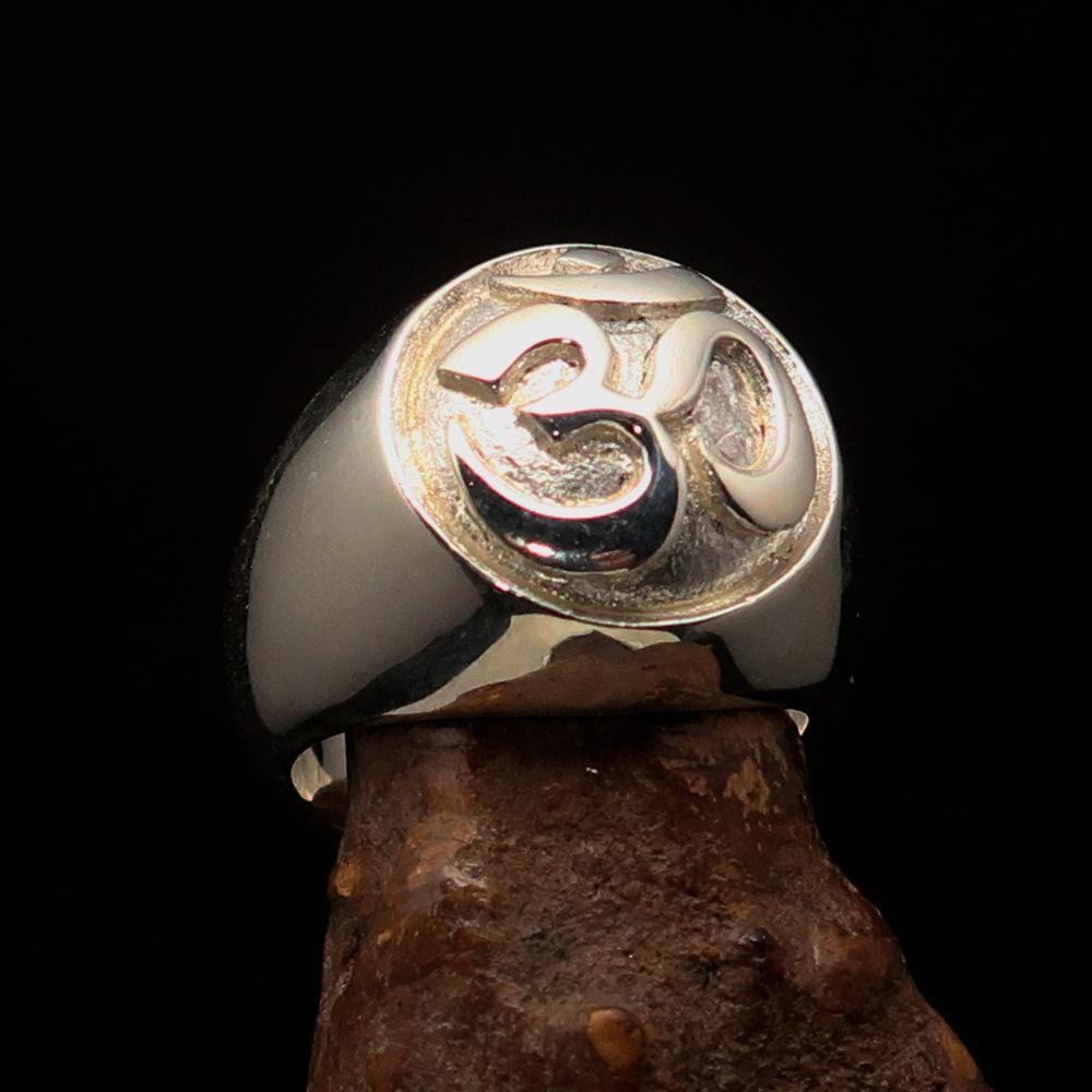 Nicely crafted domed Men's Buddhist Ring Aum Symbol - Two-Tone Matte Sterling Silver - BikeRing4u