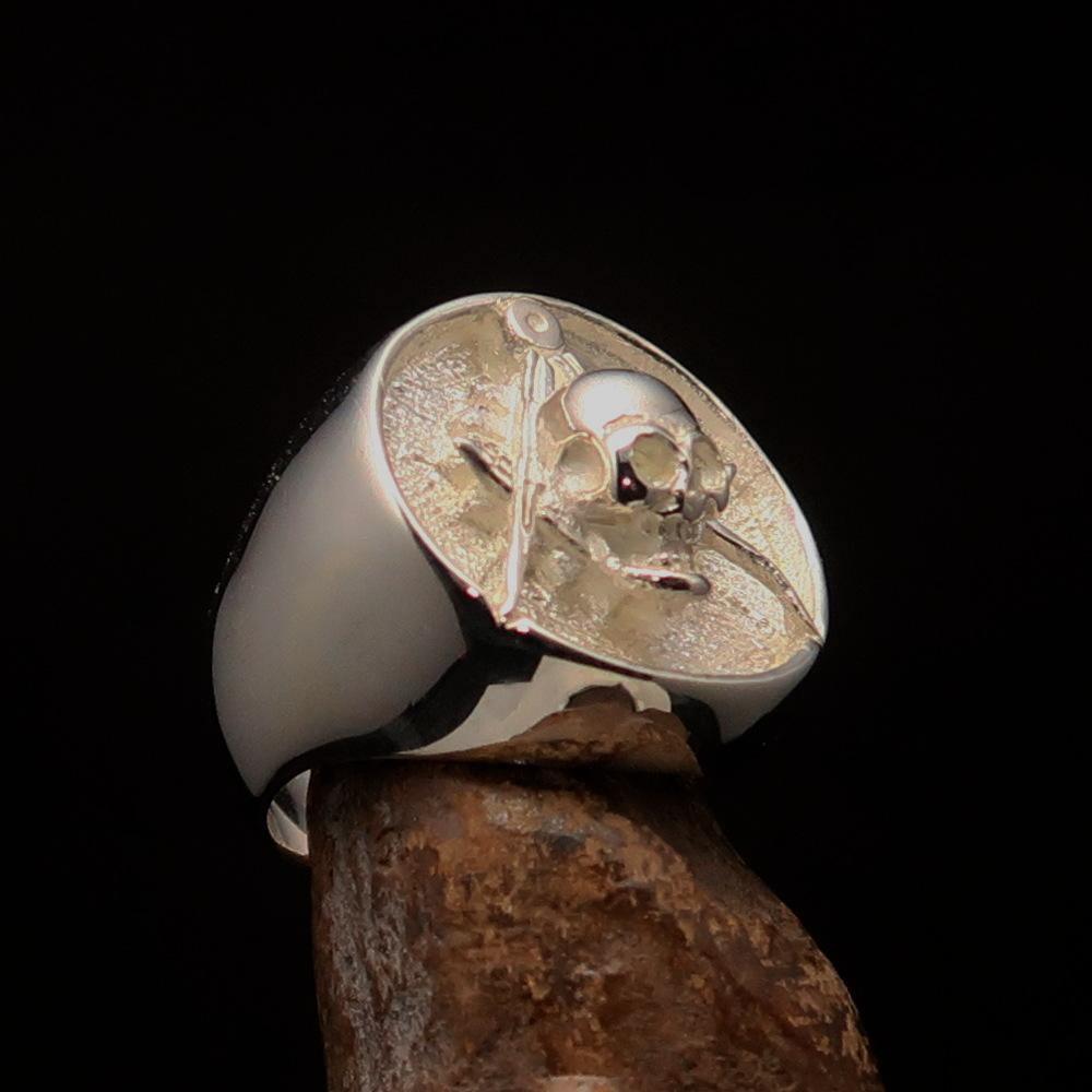 Perfectly crafted Men's Masonic Skull Ring - Two-Tone Matte Sterling Silver - BikeRing4u