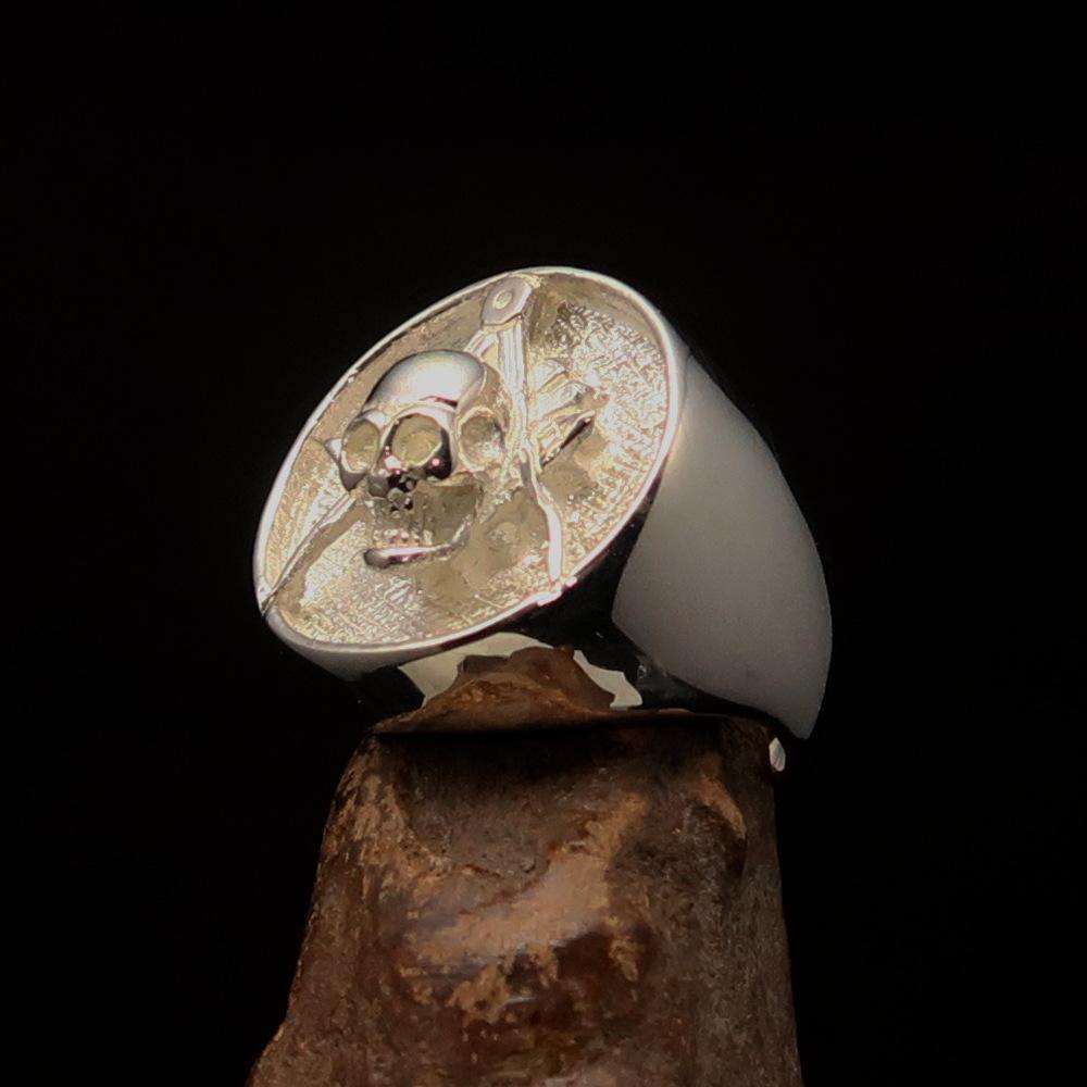 Perfectly crafted Men's Masonic Skull Ring - Two-Tone Matte Sterling Silver - BikeRing4u