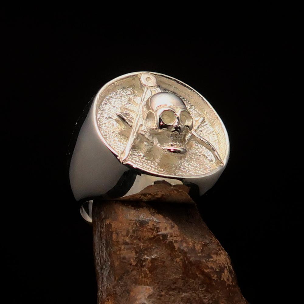 Perfectly crafted Men's Masonic Skull Ring - Two-Tone Matte Sterling Silver - BikeRing4u