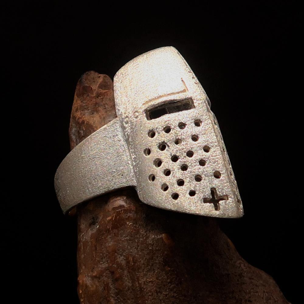 Excellent crafted Two-Tone Matte Sterling Silver Medieval Ring Knight Helmet - BikeRing4u