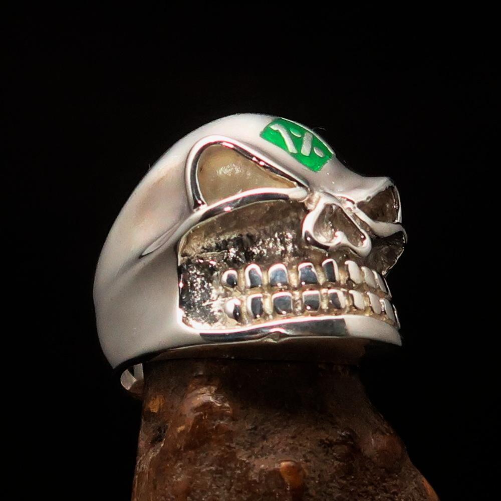 Excellent Crafted Men's Outlaw green 1% er Gnome Skull Ring - Sterling Silver - BikeRing4u