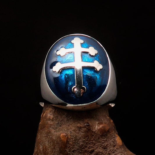 Excellent crafted oval domed Men's blue Cross Lorraine Ring - Sterling Silver - BikeRing4u