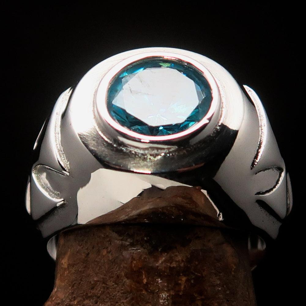 Nicely crafted Men's Solitaire Iron Cross Ring Blue Cubic Zirconia CZ - Sterling Silver - BikeRing4u