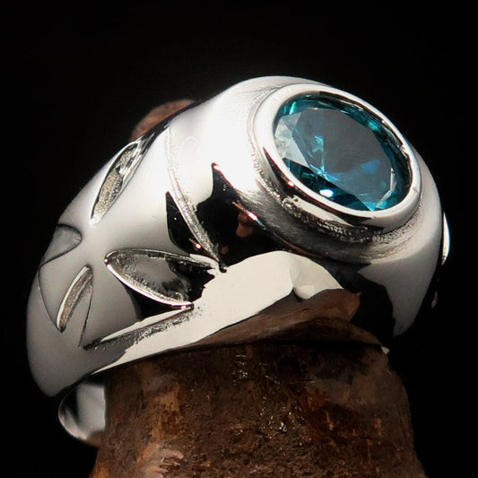 Nicely crafted Men's Solitaire Iron Cross Ring Blue Cubic Zirconia CZ - Sterling Silver - BikeRing4u