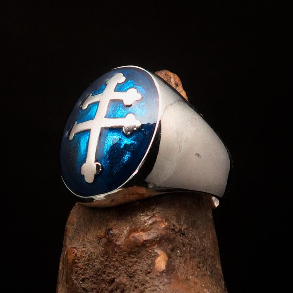 Excellent crafted oval domed Men's blue Cross Lorraine Ring - Sterling Silver - BikeRing4u