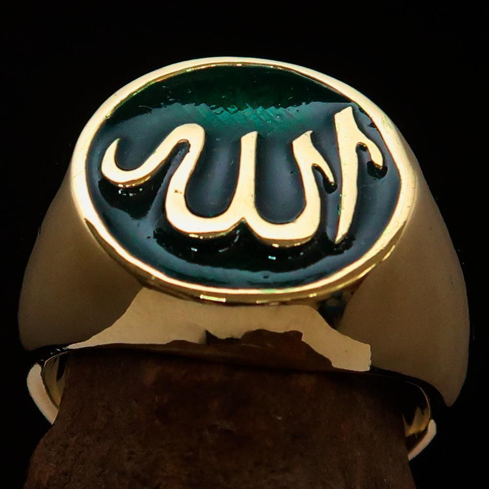 Excellent crafted Men's Muslim Ring Green Allah Symbol - solid Brass - BikeRing4u