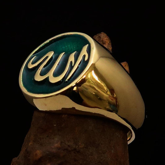 Excellent crafted Men's Muslim Ring Green Allah Symbol - solid Brass - BikeRing4u