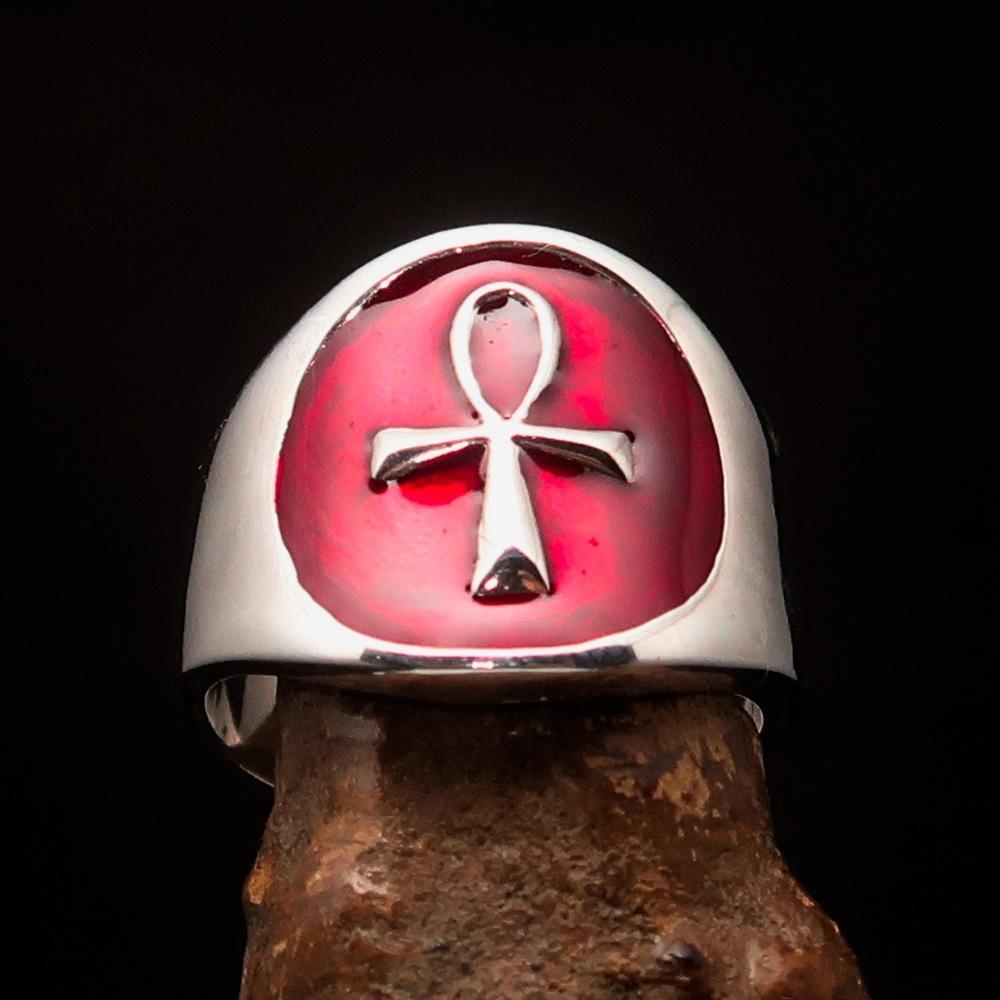 Excellent crafted Men's small red Egyptian Ankh Cross Ring - Sterling Silver - BikeRing4u