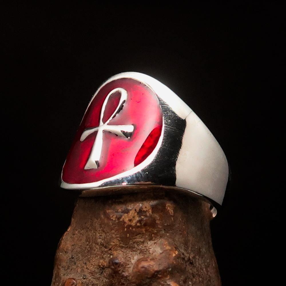 Excellent crafted Men's small red Egyptian Ankh Cross Ring - Sterling Silver - BikeRing4u