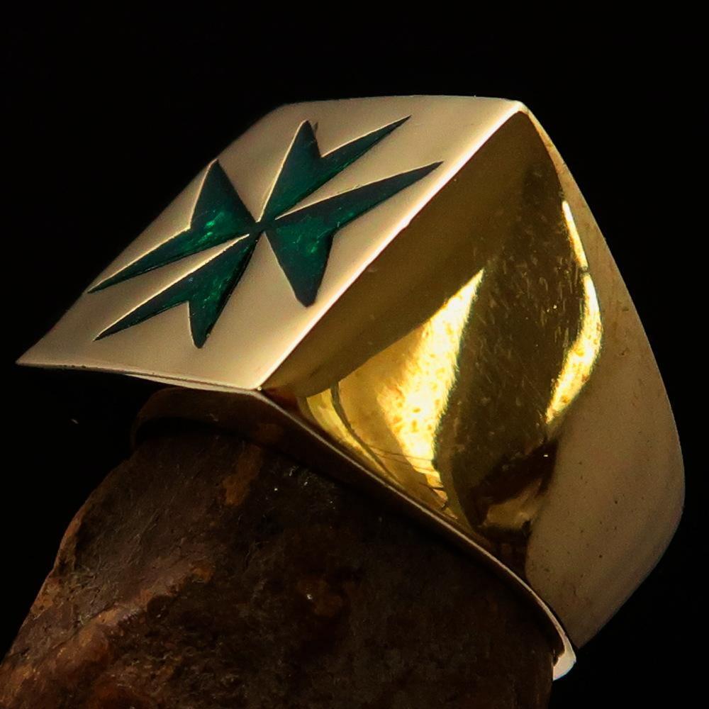 Nicely crafted Men's Knight Ring Maltese Green Cross - Solid Brass - BikeRing4u