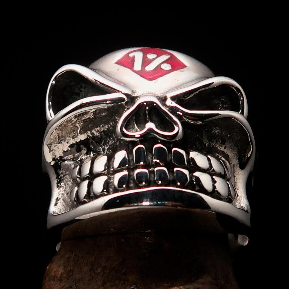 Excellent Crafted Men's Outlaw Red 1% er Gnome Skull Ring - Sterling Silver - BikeRing4u