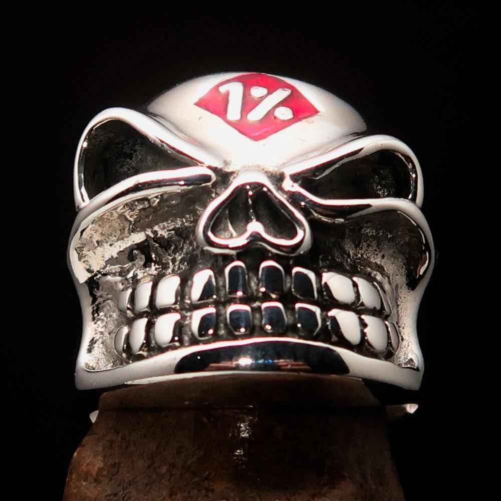 Excellent Crafted Men's Outlaw Red 1% er Gnome Skull Ring - Sterling Silver - BikeRing4u