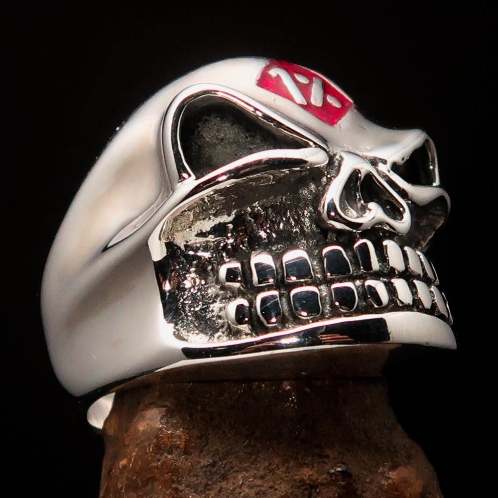 Excellent Crafted Men's Outlaw Red 1% er Gnome Skull Ring - Sterling Silver - BikeRing4u