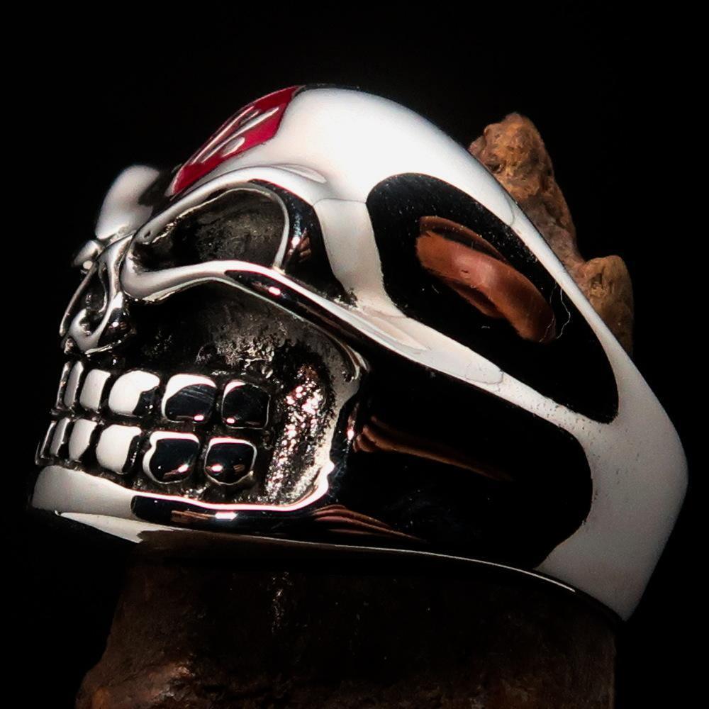 Excellent Crafted Men's Outlaw Red 1% er Gnome Skull Ring - Sterling Silver - BikeRing4u