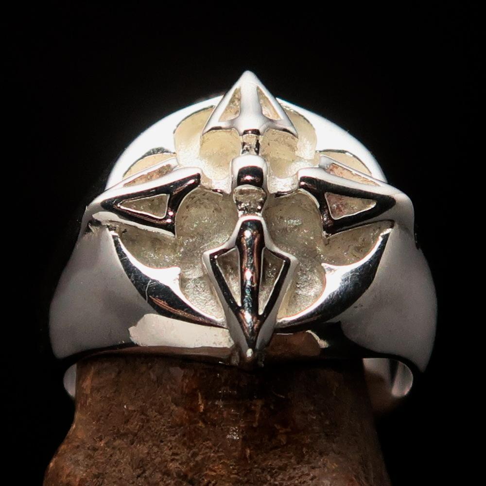Mens Sterling Silver Ring Crossed Tibetan Thunderbolts - BikeRing4u