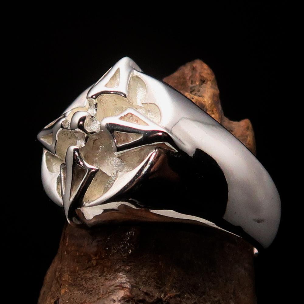 Mens Sterling Silver Ring Crossed Tibetan Thunderbolts - BikeRing4u
