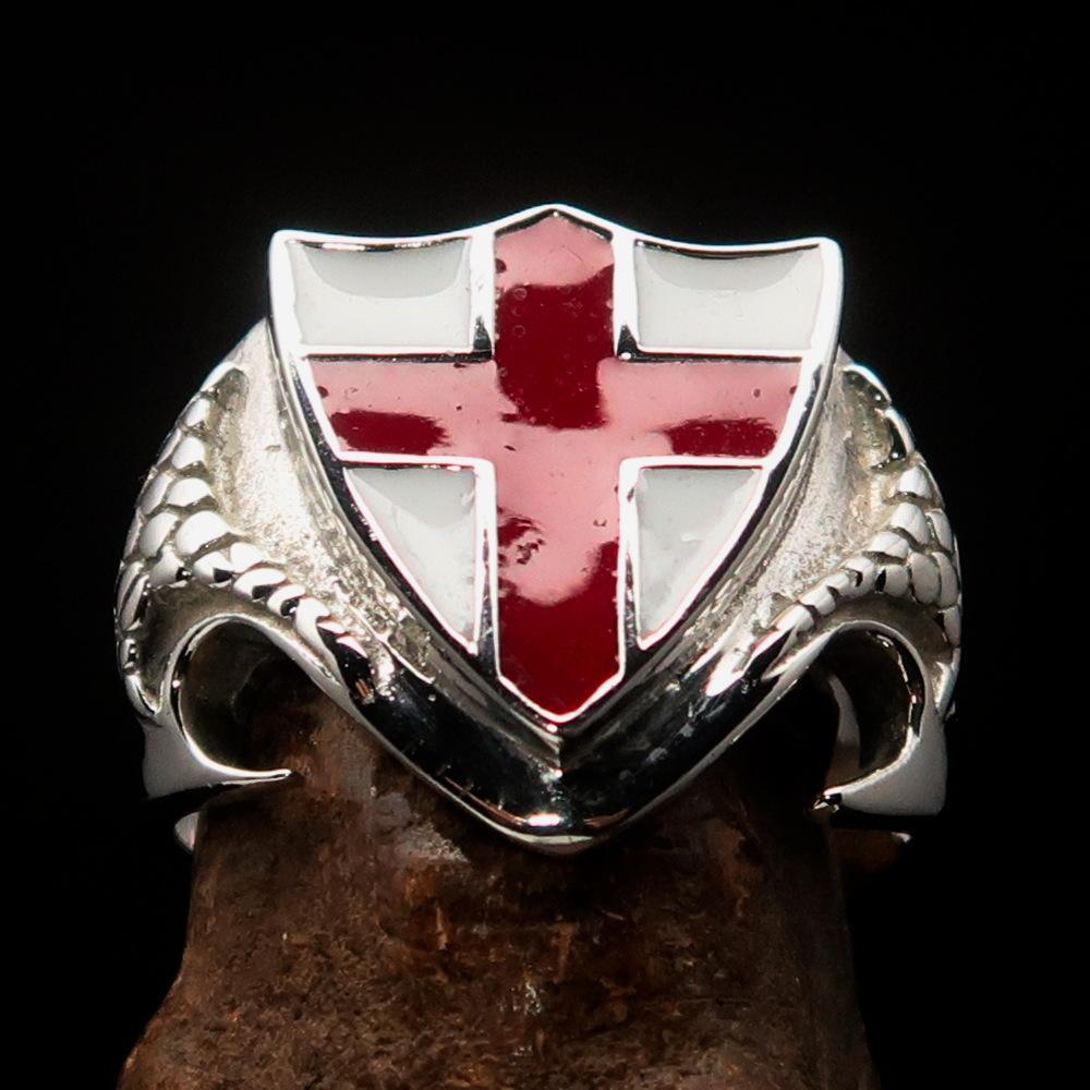 Men's Sterling Silver Shield Ring Flag of England Red Cross on White - BikeRing4u