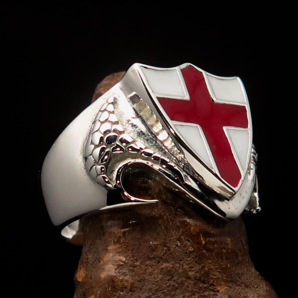 Men's Sterling Silver Shield Ring Flag of England Red Cross on White - BikeRing4u
