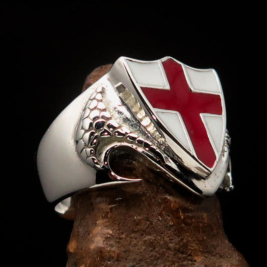 Men's Sterling Silver Shield Ring Flag of England Red Cross on White - BikeRing4u