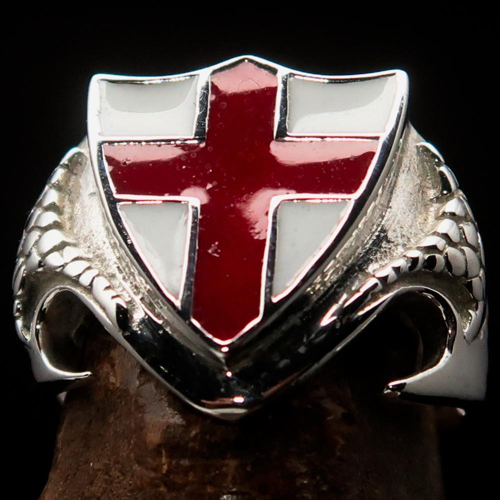 Men's Sterling Silver Shield Ring Flag of England Red Cross on White - BikeRing4u