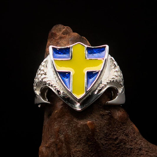 Men's Sterling Silver Shield Ring Flag of Sweden Yellow Cross on Blue - BikeRing4u