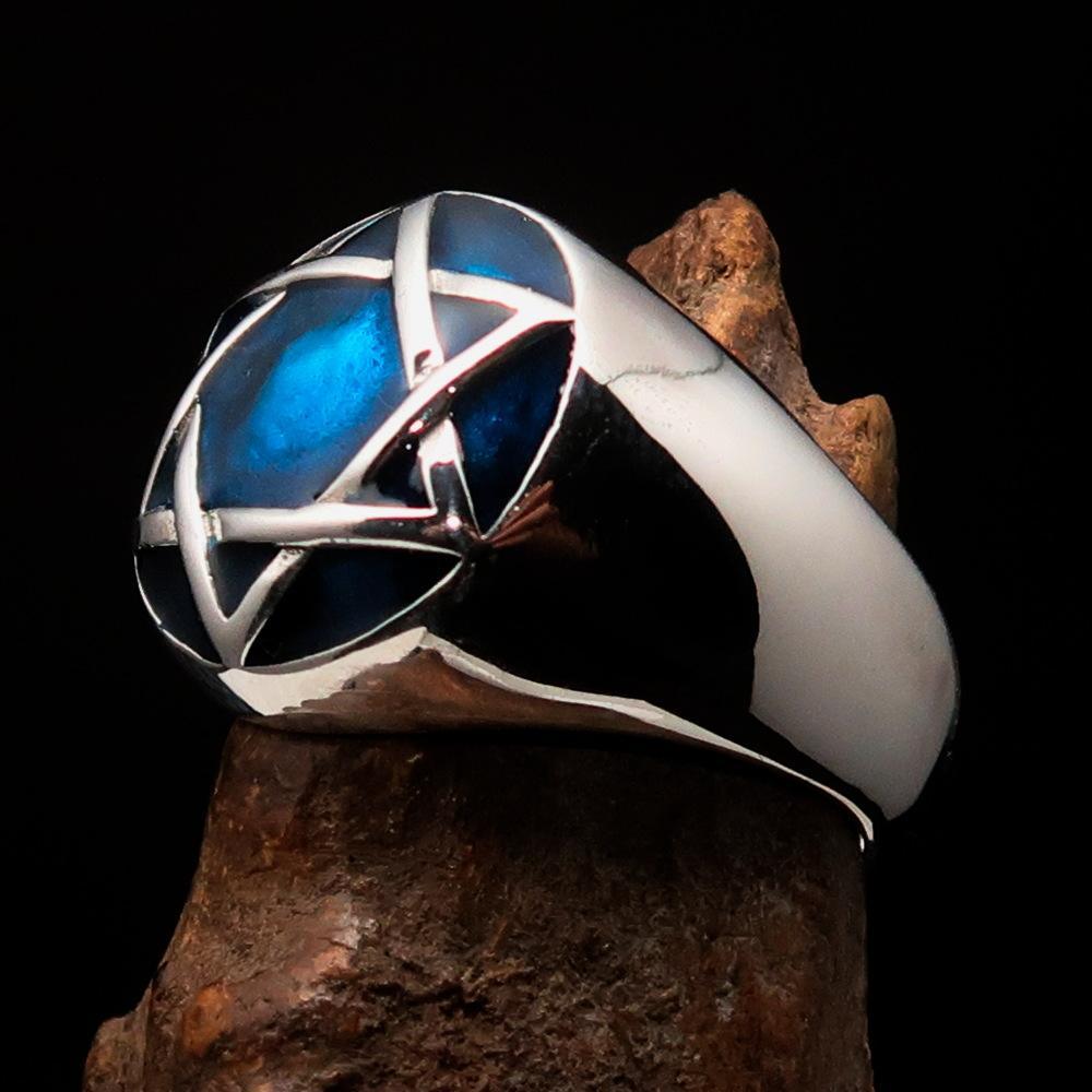 Nicely crafted Men's Hebrew Ring Blue Star of David - Sterling Silver - BikeRing4u