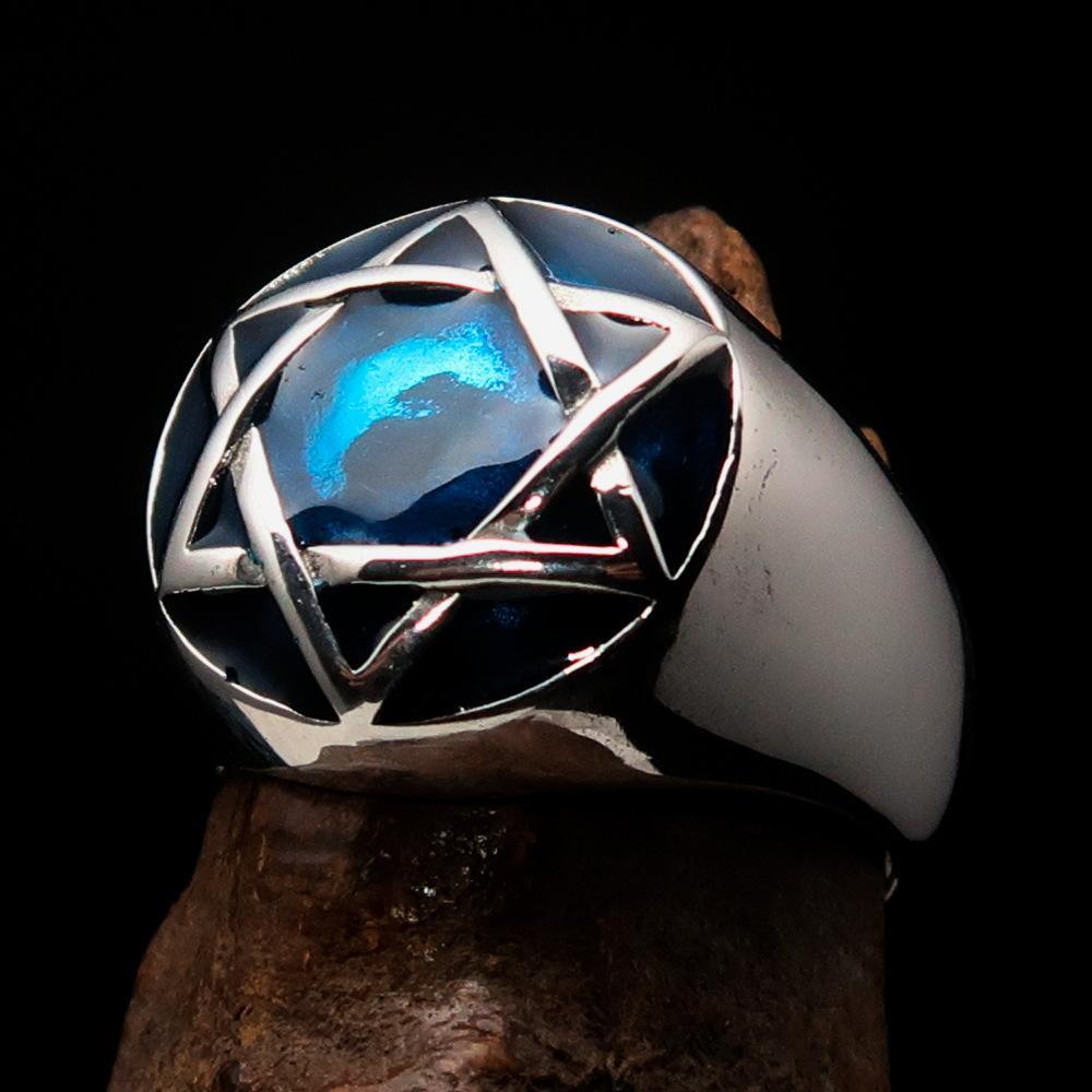 Nicely crafted Men's Hebrew Ring Blue Star of David - Sterling Silver - BikeRing4u