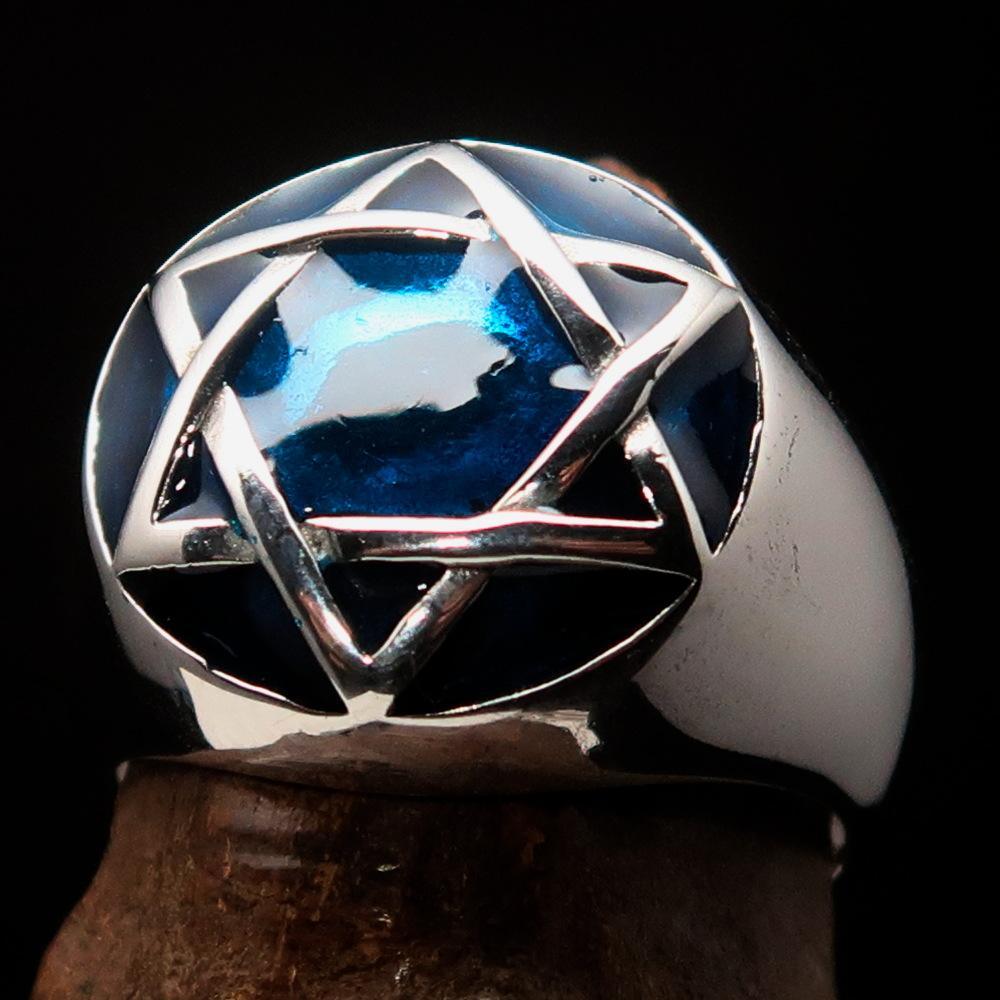 Nicely crafted Men's Hebrew Ring Blue Star of David - Sterling Silver - BikeRing4u