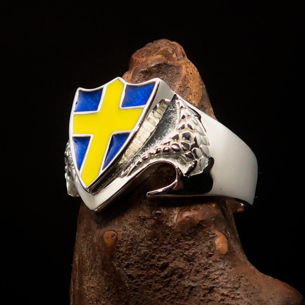 Men's Sterling Silver Shield Ring Flag of Sweden Yellow Cross on Blue - BikeRing4u
