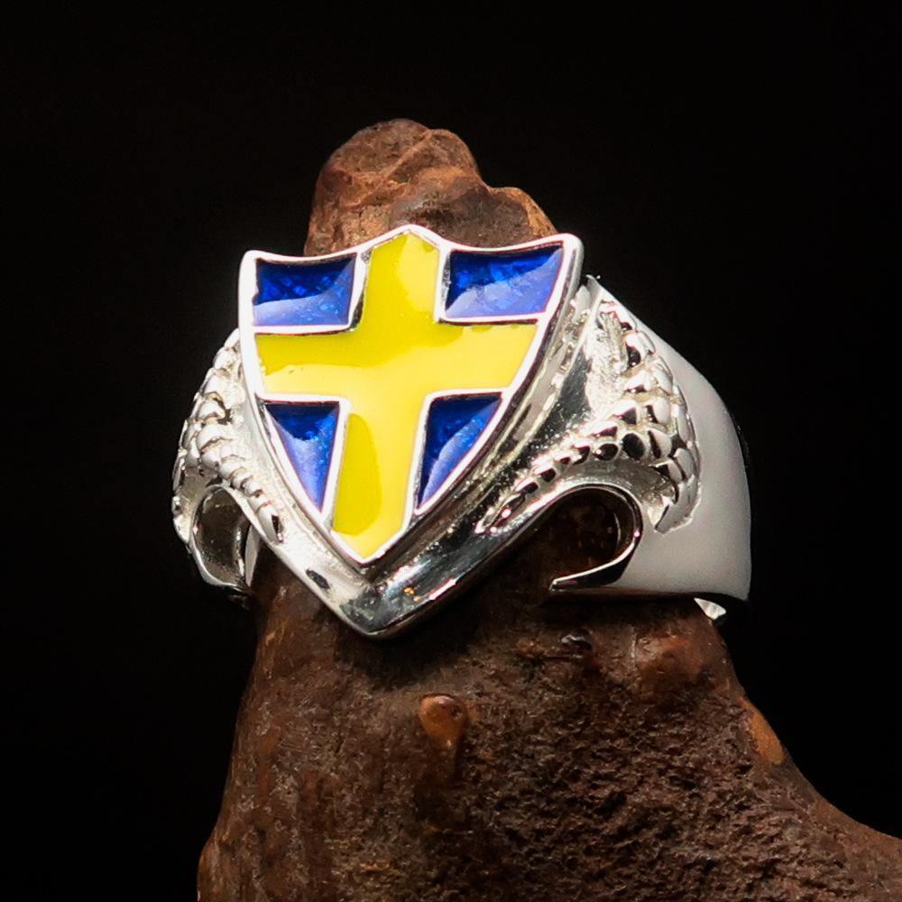 Men's Sterling Silver Shield Ring Flag of Sweden Yellow Cross on Blue - BikeRing4u