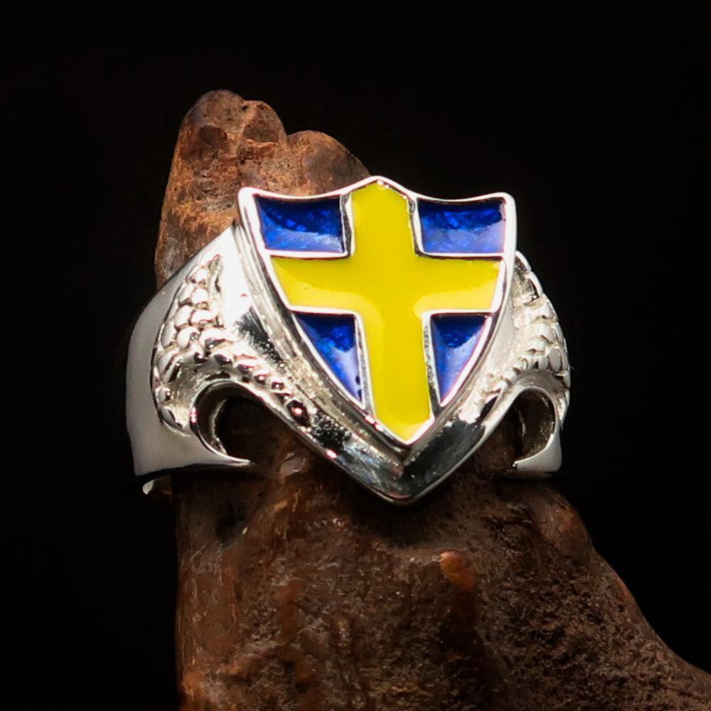 Men's Sterling Silver Shield Ring Flag of Sweden Yellow Cross on Blue - BikeRing4u