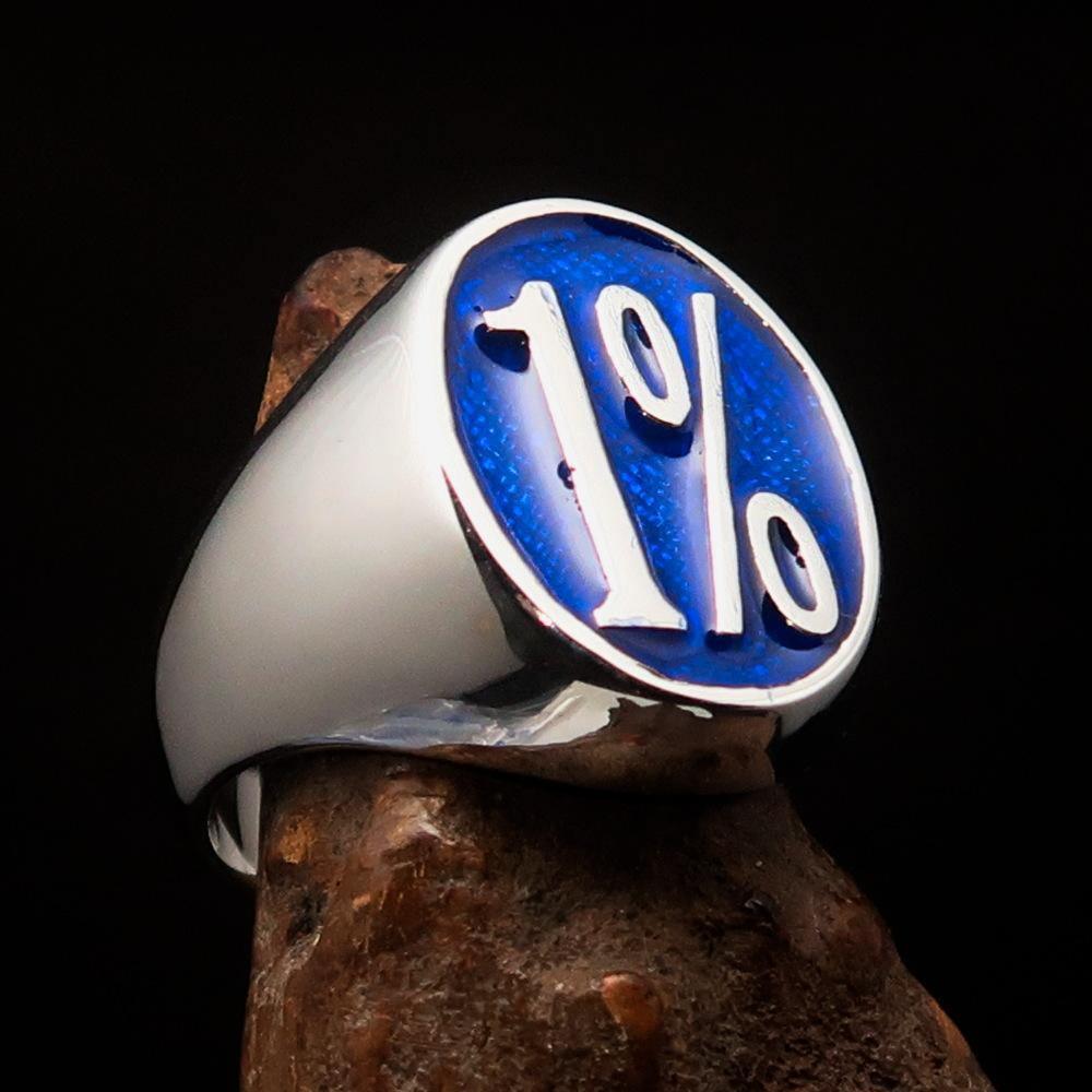 Nicely crafted Men's Outlaw Ring oval 1% Percent Symbol Blue - Sterling Silver - BikeRing4u