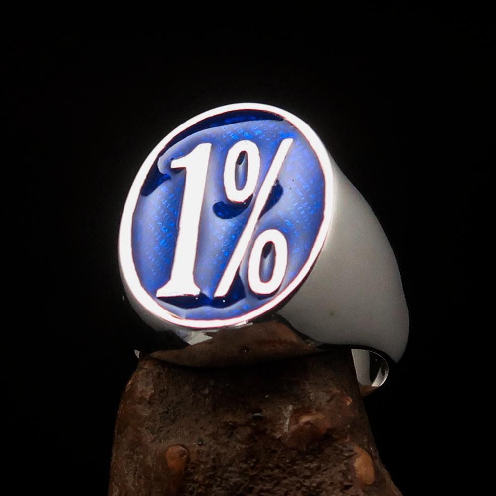Nicely crafted Men's Outlaw Ring oval 1% Percent Symbol Blue - Sterling Silver - BikeRing4u